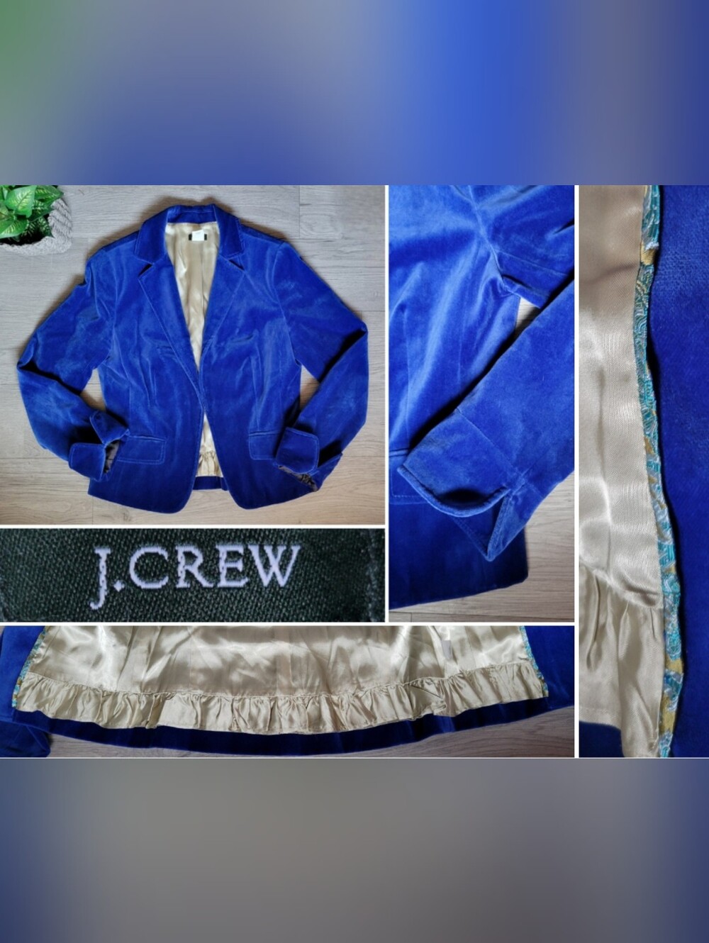 J. Crew Velvet École Schoolboy Cobalt Blue Tailored Fit Blazer Jacket, Women's 8